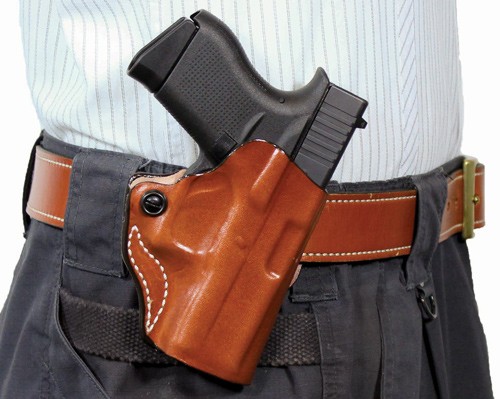 DESANTIS MINI SCABBARD HOLSTER - RH OWB LEATHER SHIELD 9/40 TAN — view 1