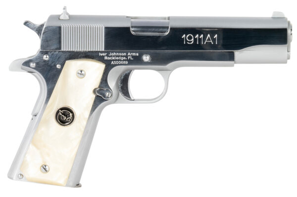 Iver Johnson Arms 1911A138CHRWP 1911 38 Super 8+1 5" Stainless Steel Barrel, Bright Polish Chrome Stainless Steel Serrated Slide, Pearl Grip — view 1