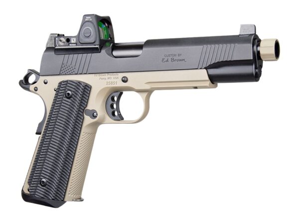 Ed Brown SFSOCM SOCOM Gen4 45 ACP 8+1 5" Black Nitride Threaded Barrel, Black Gen4 Serrated w/Optic Slide, Flat Dark Earth Steel Frame w/Accessory Rail, VZ Alien Grip, Trijicon RMR 3.25 MOA Red Dot Si — view 1