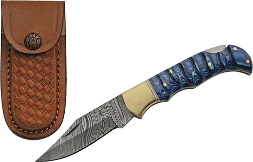 SZCO RITE EDGE 3" BLUE GROOVED - WOOD DAMASCUS LOCKBACK W/SHTH — view 1