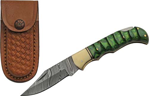 SZCO RITE EDGE 3" GREEN - GROOVED WOOD DAMASCUS LOCKBACK — view 1