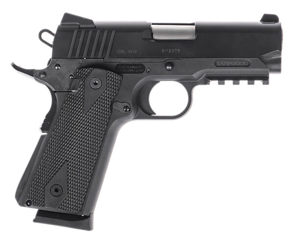 Tanfoglio TFPUGIO9 Pugio  Compact 9mm Luger 10+1 3.54" Stainless Bull Barrel, Black Steel Serrated Slide, Black Polymer Frame w/Beavertail & Picatinny Rail, Textured Grip — view 1