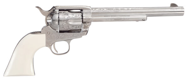 Taylors & Company  1873 Outlaw Legacy Pietta 45 Colt (Long Colt) 6 Shot 7.50" Nickel Engraved Round Barrel, Cylinder & Steel Frame, White PVC Navy Grip, Manual Safety, Exposed Hammer — view 1