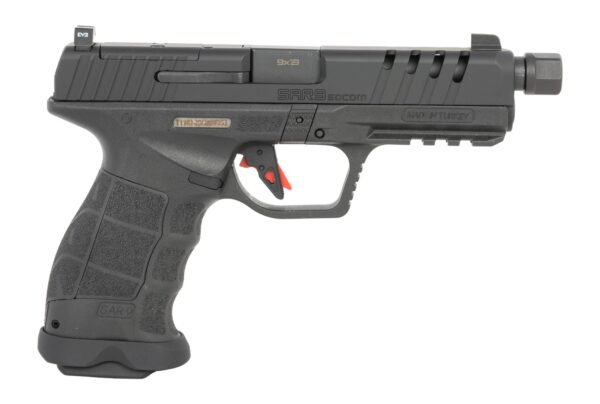 Sarsilmaz SAR9SOCOMBL10 SAR9 SOCOM Full Size 9mm Luger 10+1 5.10" Black Threaded Barrel, Black Steel Optic Cut/Serrated Slide, Black Polymer Frame w/Picatinny Rail, Interchangeable Backstrap Grip, RMS — view 1