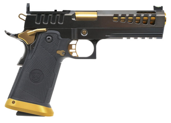 Watchtower Firearms DEMOLITIA9MM5ELITE Demolitia  Full Size Frame 9mm Luger 20+1 5" Gold Plated PVD Ported Barrel, Graphite PVD Optic Cut/Serrated Steel Slide, Graphite PVD Frame, Black Textured Grip — view 1