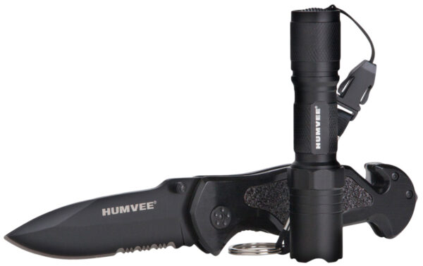 Humvee Adventure Gear HMVKCER1 Rescue Combo 3.25" Folding Spear Point Part Serrated Stainless Steel Blade Black Aluminum Handle Features Glass Breaker/Pocket Clip/Seatbelt Cutter — view 1