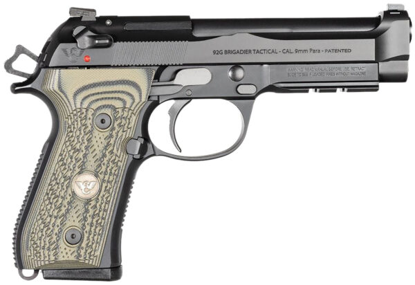 Wilson Combat BER92BRIG9 92G Brigadier Tactical 9mm Luger 15+1 4.70" Target Crown Steel Barrel, Black Serrated Steel Slide, Black Steel Frame w/Picatinny Rail, Dirty Olive G10 Grip, Ambidextrous — view 1