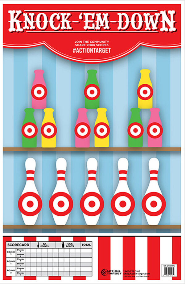 Action Target GSCARBTTL100 Entertainment Knock-'Em-Down Bottles/Pins Paper Hanging 23" x 35" Multi-Color 100 Per Box — view 1