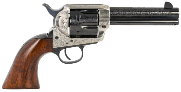 Taylors & Company 550925 1873 Cattleman 45 Colt (LC) Caliber with 4.75" Blued Floral Engraved Finish Barrel, 6rd Capacity Blued Finish Cylinder, Coin Photo Engraved Finish Steel Frame & Walnut Grip — view 1