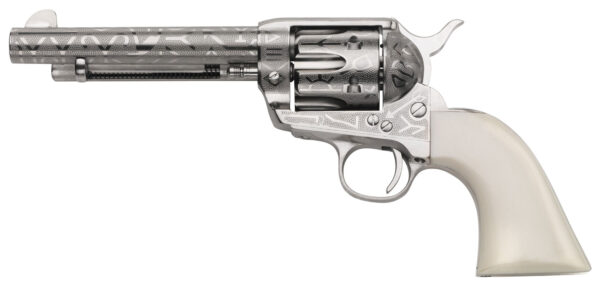 Taylors & Company 200060 1873 Cattle Brand Pietta 38 Special/357 Mag 6 Shot 5.50" Nickel Engraved Round Barrel, Nickel Engraved Cylinder & Steel Frame, White PVC Navy Grip, Exposed Hammer — view 1