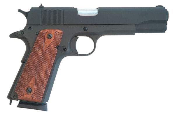 Cimarron 1911 1911  .45 ACP 8+1, 5.03" Black Steel Barrel, Black Parkerized Serrated Slide & Frame, Checkered Walnut Grips — view 1