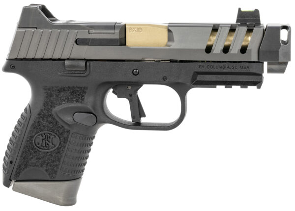 FN 66101350 509 CC Edge 9mm Luger 10+1 (3) 4.20" Threaded Gold Barrel, Black Frame, Graphite Optic & Lightening Cut Slide, Optic Height Fiber Optic Sights, Compensator (No Manual) — view 1