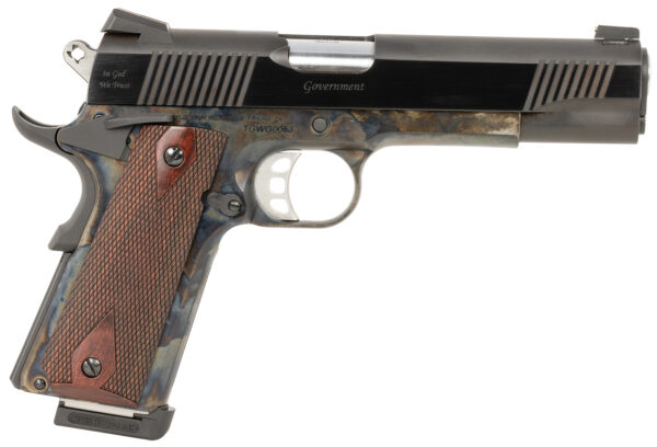 Tyler Gun Works TGWGVCC45 Custom 1911 Government Full Size Frame 45 ACP 7+1 5" Stainless Match Grade Barrel, Blued Serrated Steel Slide, Color Case Steel Frame w/Beavertail, Walnut Grip — view 1