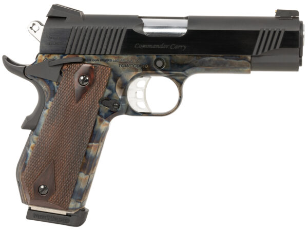 Tyler Gun Works TGWCMCC45 Custom 1911 Commander 45 ACP 7+1 4.25" Stainless Match Grade Barrel, Blued Serrated Steel Slide Color Case Steel Frame w/Beavertail, Walnut Grip — view 1
