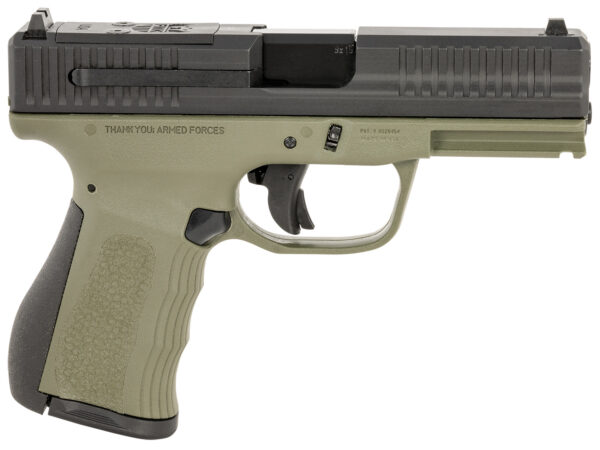 FMK FMKG49OD G3  9mm Luger 14+1 4" Stainless Steel Barrel, Black Optic Cut/Serrated Carbon Steel Slide, OD Green Polymer Frame w/Picatinny Rail, Black Backstrap Grip — view 1