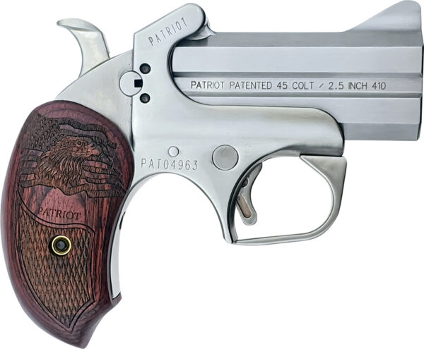 Bond Arms BAPA Patriot  45 Colt (LC)/410 Gauge 2rd 3" Stainless Steel Double Barrel & Frame w/Trigger Guard, Auto Extractors & Rebounding Hammer, Laser Engraved American Flag & Bald Eagle Rosewood Gri — view 1