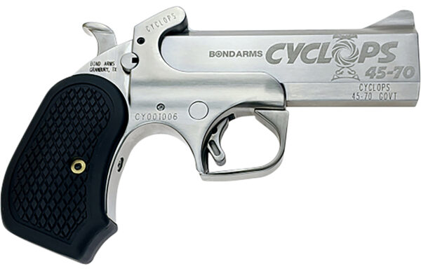 Bond Arms BACYP Cyclops Big Bore 45-70 Gov 1rd, 4.25" Stainless Steel w/Engraved Barrel, Matte Stainless Steel Frame, Black Extended B6 Resin Grip, Includes Holster — view 1