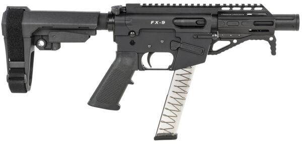 Freedom Ordnance FX9P4S FX-9  9mm Luger 31+1 4" Black Nitride Barrel w/Faux Suppressor, Black Hard Coat Anodized Aluminum Receiver, SB Tactical SBA3 Pistol Brace Stock, Black Polymer Grip — view 1