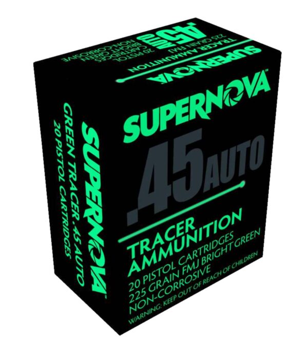 SUPERNOVA  AMMUNITION AMO 45 AUTO 225GR FMJ GREEN TRACER 20RD ( 50 BOXES PER CASE ) — view 1