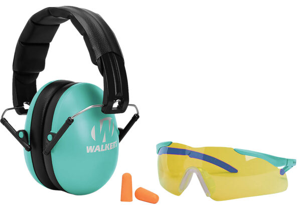 Walker's GWPYWFM2GFPLTL Folding Muff Combo 23 dB Over the Head Folding Muff, Foam Ear Plugs, Shooting Glasses Black/Teal Polymer Fits Youth/Women — view 1