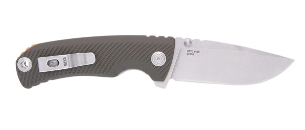 S.O.G SOG11060143 Tellus ATK  3.50" Folding Clip Point Plain Stonewashed Cryo 440C SS Blade/ Olive Drab w/Orange Backspacer GRN Handle Includes Belt Clip — view 1