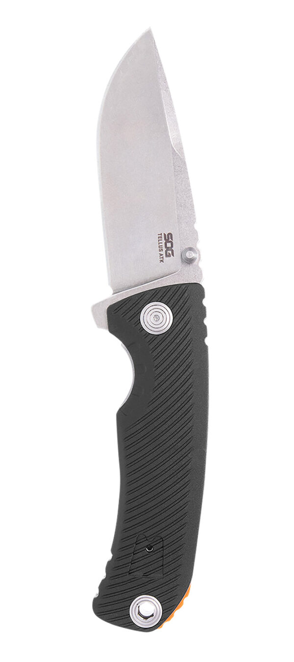 S.O.G SOG11060243 Tellus ATK 3.50" Folding Clip Point Plain Stonewashed Cryo 440C SS Blade/ Black Textured w/Orange Backspacer GRN Handle Includes Belt Clip — view 1